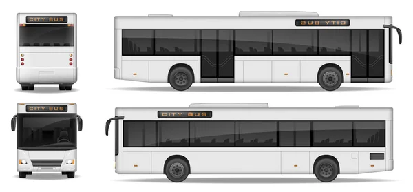 Plantilla realista de City Bus aislada sobre fondo blanco. Transporte de pasajeros para el diseño de publicidad. Bus de pasajeros lado de la maqueta, vista delantera y trasera. Ilustración vectorial . — Vector de stock