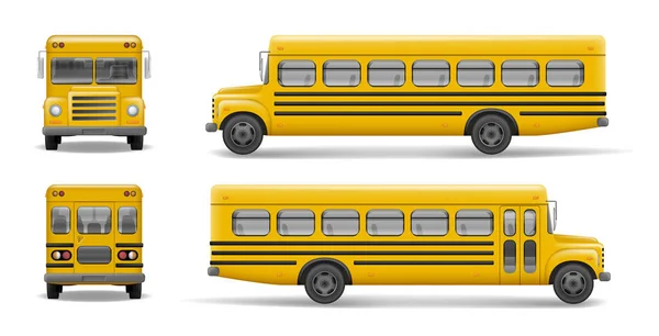 Желтый школьный автобус спереди, сзади и сбоку. Транспорт и транспорт, обратно в школу. Моделированный макет автобуса. Векторная иллюстрация — стоковый вектор