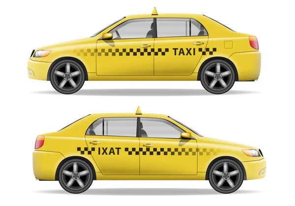Реалистичный жёлтый автомобиль такси. Макет машины изолирован на белом. Векторная иллюстрация такси — стоковый вектор