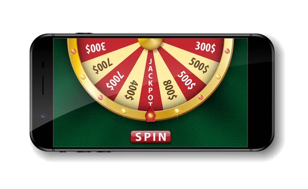 Gold realistisches Glücksrad mit Smartphone isoliert auf weiß. 3d casino online lucky roulette vektor illustration — Stockvektor