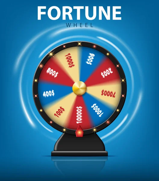 Roue de fortune 3d réaliste tournant isolé sur fond bleu. La roulette chanceuse pour casino en ligne. illustration vectorielle — Image vectorielle
