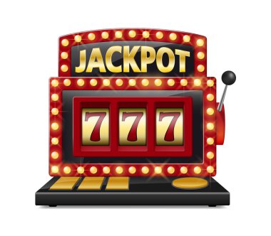 Kırmızı slot makinesidir beyaz arka plan üzerinde Göl kenarında ikramiye kazanır. Büyük casino slot makinesidir vektör çizim kazanmak