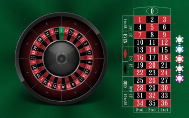 Gerçekçi rulet tekerleği ve Casino Chips Casino kumar arka plan tasarım. Rulet masasının üzerinde yeşil arka plan izole. Vektör çizim.