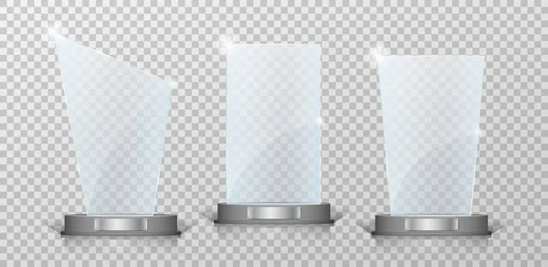 Leere Kristallglas-Trophäen-Set. glänzend transparente Trophäe für die Auszeichnung auf transparentem Hintergrund. Vektorillustration — Stockvektor