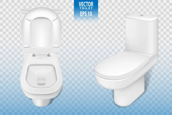 Realistic toilet mockup closeup, white modern toilet in 3d illustration isolated on transparent background. Vector — Stock Vector