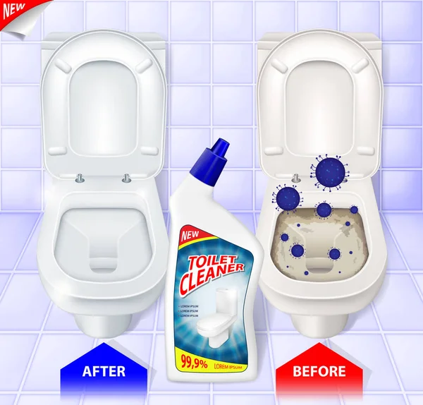 Anuncios de gel limpiador de inodoro, vista superior del inodoro, efecto de limpiador antes y después, ilustración vectorial 3d — Vector de stock
