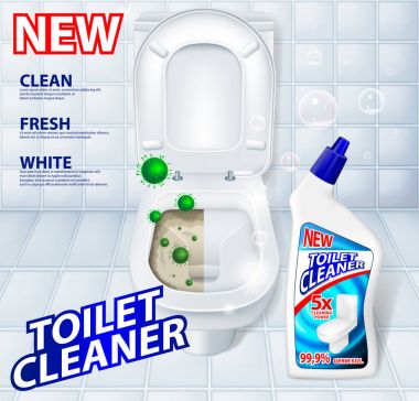 Yeşil mikroplar ve sabun köpüğü gibi tuvalet antibakteriyel, deterjan temiz reklam afişi. Gerçekçi tuvalet temizleyici jel plastik ambalaj. 3D vektör çizim
