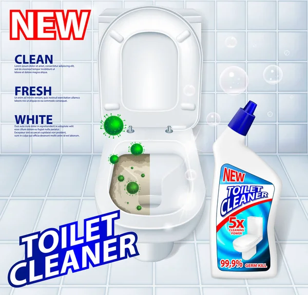 Afiche publicitario antibacteriano, limpiador de detergentes, incluyendo microbios verdes y burbujas de jabón. Realista inodoro gel limpiador paquete de plástico. 3d vector ilustración — Vector de stock
