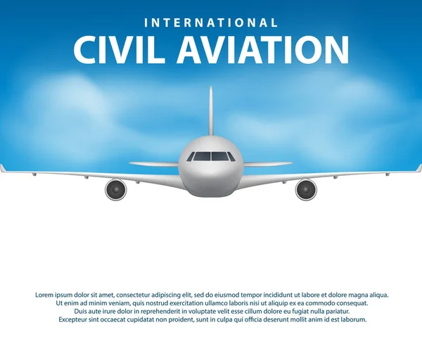 Banner, póster, volante con fondo de avión. Avión en cielo azul, avión de aviación civil. Diseño de concepto de viaje de avión comercial. Ilustración vectorial — Vector de stock