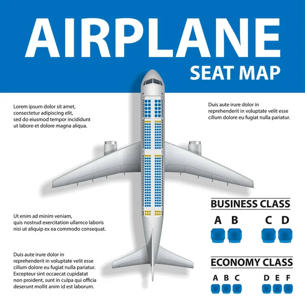 Banner, póster, volante con mapa de asientos de avión. Plano de Negocios y Economía Clase y Lugar para el Texto. Ilustración vectorial — Vector de stock