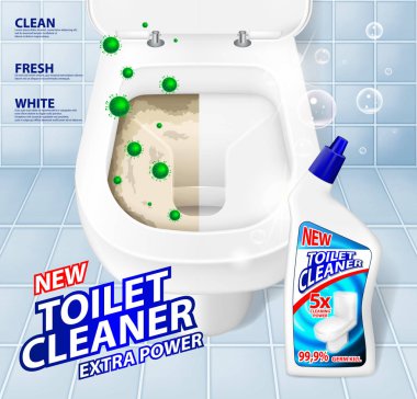 Tuvalet banner reklamlar, süpürge önce ve sonra etkisini. Yeşil virüs klozet parlayan kaçan. Deterjan temizleyici jel şişe mockup. 3D vektör çizim