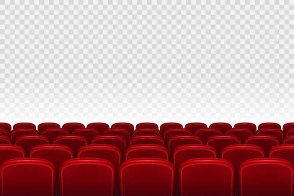 Auditório de cinema vazio com assentos vermelhos. Fileiras de assentos de cinema vermelho no fundo transparente, ilustração vetorial —  Vetores de Stock