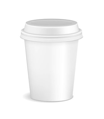Boş beyaz gerçekçi kahve Kupası mockup beyaz arka plan üzerinde izole. Cafe latte, mocha veya kapuçino plastik konteyner Kupası. Vektör çizim