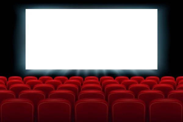 Interior de sala de cinema realista com assentos vermelhos. Cinema filme estréia cartaz design com tela branca vazia. Ilustração vetorial . —  Vetores de Stock