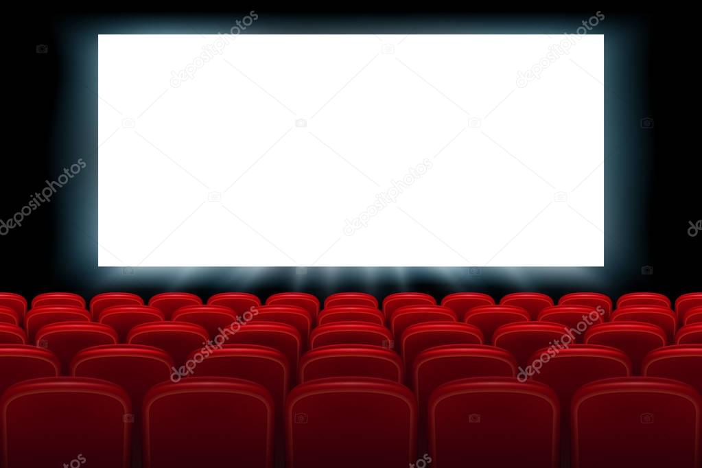 Realistic cinema hall interior with red seats. Cinema movie premiere poster design with empty white screen. Vector illustration.