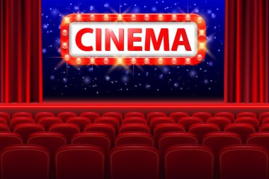 Gerçekçi sinema salonu iç kırmızı koltuk ile. Retro tarzı sinema spot ışık çerçeve işaretiyle. Film afiş tasarımı prömiyeri. Vektör çizim.