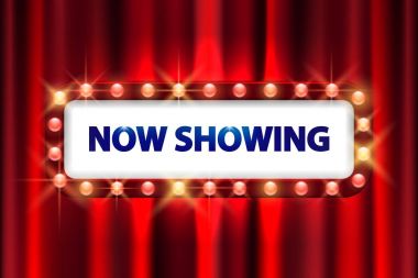 Cinema movie poster design. Theater sign or cinema sign on curtain with spot light frame. vector illustration clipart