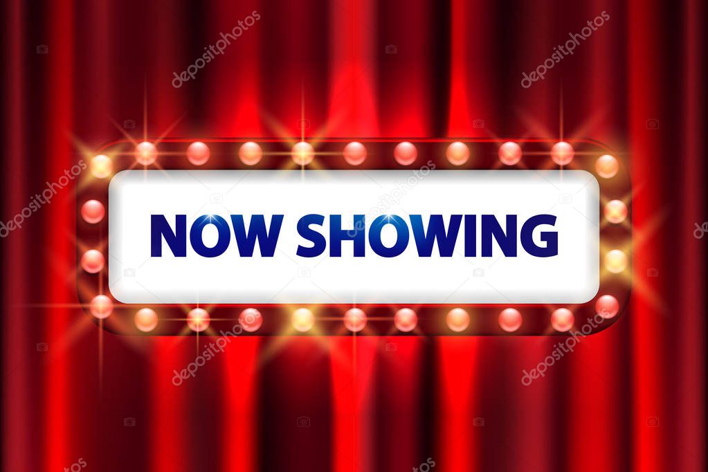 Cinema movie poster design. Theater sign or cinema sign on curtain with spot light frame. vector illustration