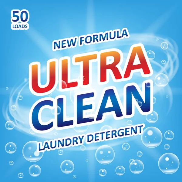 Ultra clean Seife Design-Produkt. Vorlage für Waschmittel mit Blasen auf blauem Grund. Verpackungsdesign für flüssige Reinigungsmittel oder Waschpulver. Vektorillustration — Stockvektor