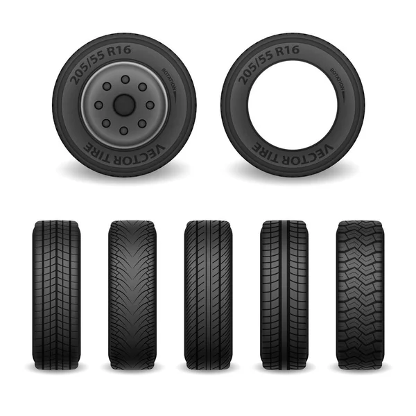 Conjunto de pneus vetoriais realistas. Pneus de carro com marcas de piso diferentes. Ícones de roda vetorial —  Vetores de Stock