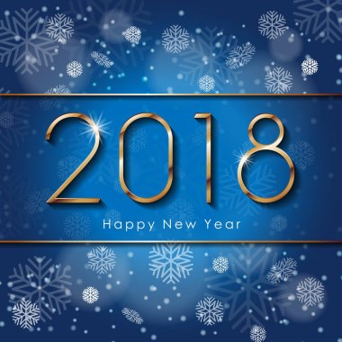 Kar taneleri ile 2018 happy New Year metin tasarım. Golden numaraları ile illüstrasyon mavi arka plan üzerinde tebrik vektör