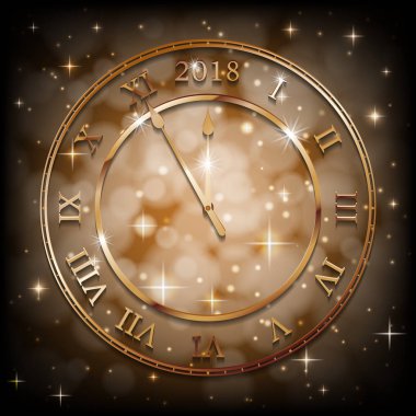 Yeni yıl 2018 altın arka plan ile bronz eski saat. Selamlar yeni yıl afiş sepya arka plan ile. Vektör çizim