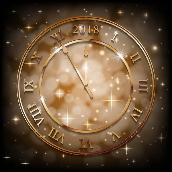 Nouvel An 2018 fond d'or avec ancienne horloge en bronze. Salutations bannière Nouvel An avec fond sépia. Illustration vectorielle — Image vectorielle