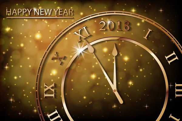 Bonne année 2018 avec bokeh et motif fusée éclairante de l'objectif dans un fond de style de couleur vintage. Bannière Nouvel An avec horloge en or. Illustration vectorielle — Image vectorielle