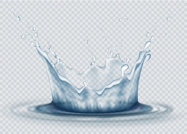 Saydam arka plan üzerinde su sıçrama. Damla su ve ışık mavi renklerde el salla. Gerçekçi şeffaf sıçrama vektör çizim.