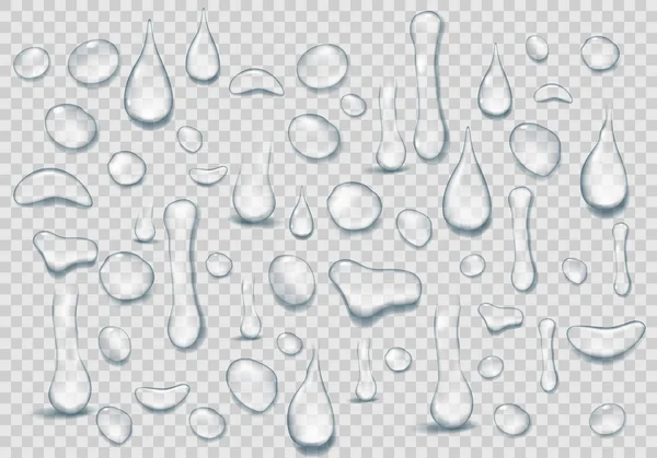 Set de gotas de agua transparentes puras sobre un fondo transparente. Fondo de agua realista con gotas aisladas. Ilustración vectorial . — Vector de stock