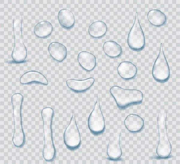 Puro agua clara gotas realista conjunto aislado sobre fondo transparente. Fondo de agua realista con ilustración de vectores gotas — Vector de stock