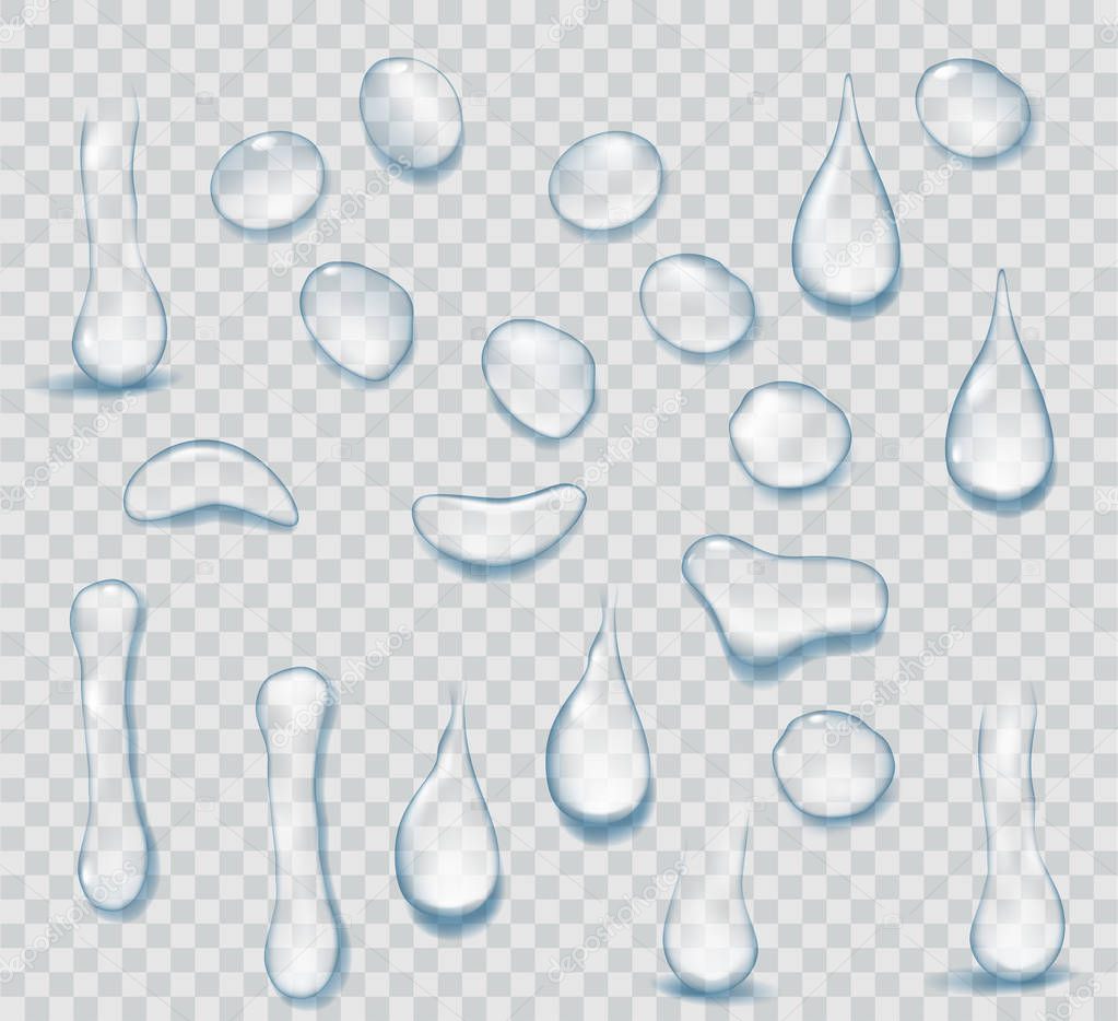 Pure clear water drops realistic set isolated on transparent background. Realistic water background with drops vector illustration