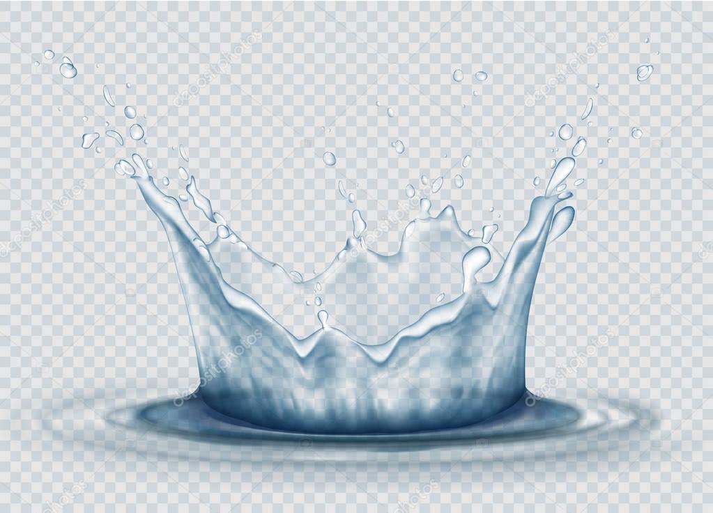 Water splash on transparent background. Water drops and wave in light blue colors. Realistic transparent splash vector illustration.