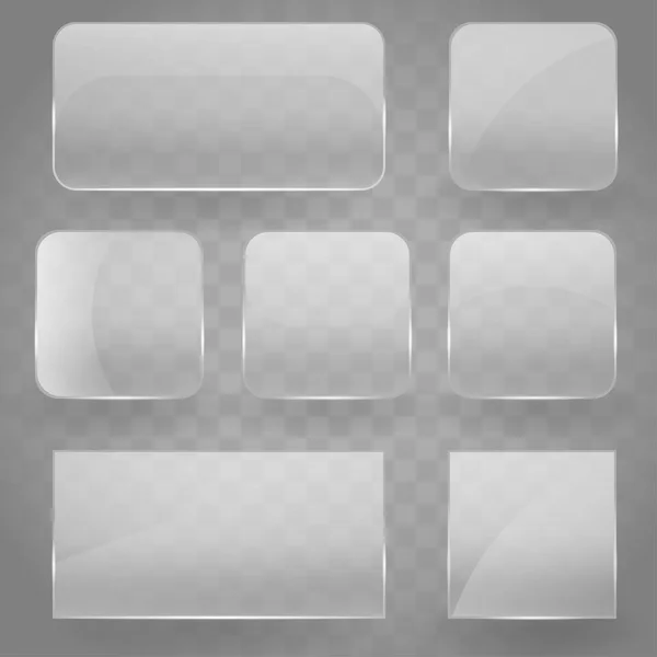 Kollektion von transparenten reflektierenden quadratischen Glasbannern mit abgerundeten Ecken und Glanzreflexionseffekt. Vektor Illustration Symbole gesetzt. gläsernes, quadratisches Banner — Stockvektor