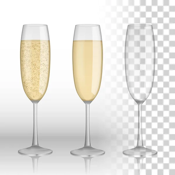 Volles und leeres Glas Champagner und Weißwein isoliert auf einem transparenten Hintergrund. Vektorglas. Urlaub frohe Weihnachten und ein glückliches neues Jahr Feier-Konzept. Vektorillustration — Stockvektor
