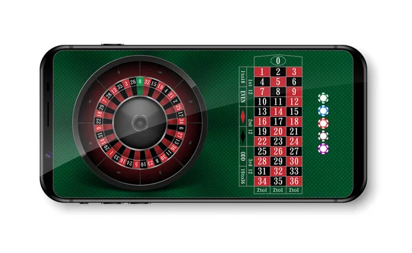 Realistische Casino Roulette Rad mit Chips isoliert auf grünem Tisch. Online 3D Casino Roulette auf dem Smartphone mit Platz für Text. Vektorillustration — Stockvektor