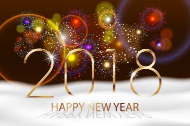 Vektör tatil havai fişek arka plan. Mutlu yeni yıl 2018. Mevsim Selam, renkli havai fişek ile beyaz kar tasarlayın. Vektör çizim