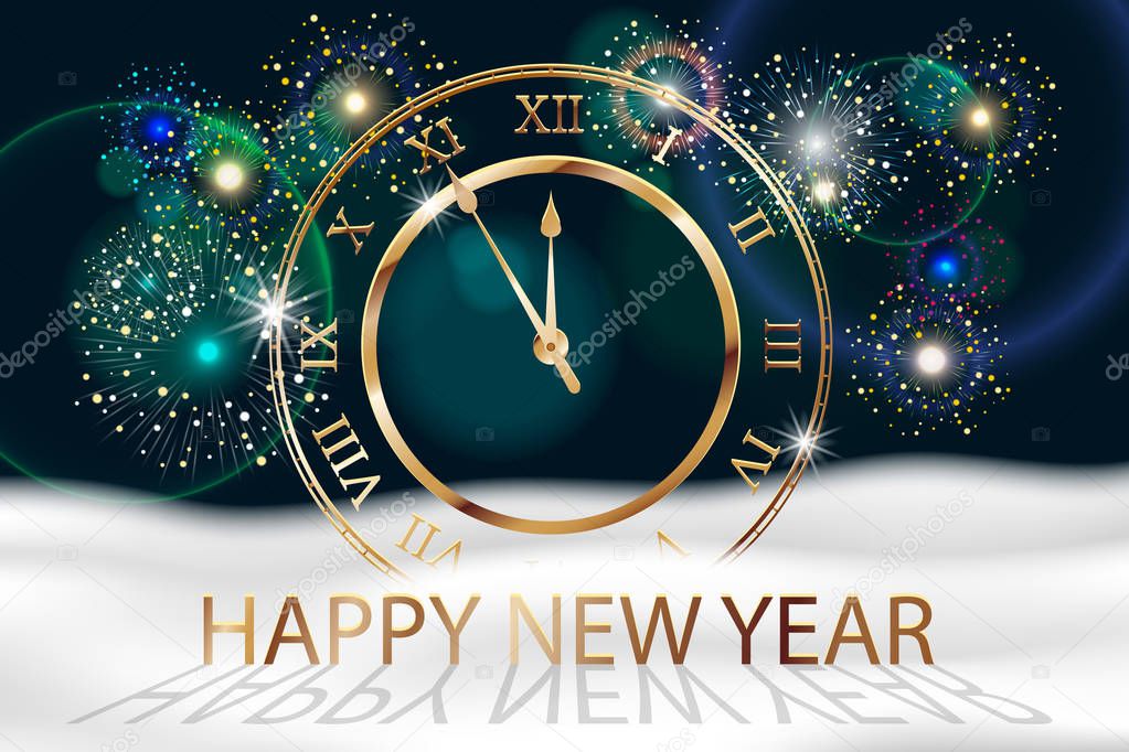 Vector Holiday Fireworks Background with gold old clock. Happy New Year 2018. Sreetings, colorful fireworks design with white snow. Vector illustration