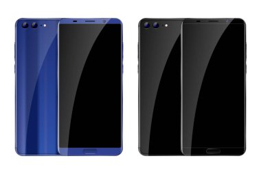 Gerçekçi bezel-az smartphone Mockup beyaz ve mavi. Vektör cep telefonu açık ve görünümüne geri izole. Kolay yer görüntü ekran smartphone parlak tabaka içine.