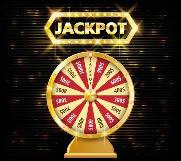 Arany reális szerencse kerék 3d objektum elszigetelt jackpot szöveg sötét háttér előtt. szerencsés szerencse kerék e vektoros illusztráció — Stock Vector