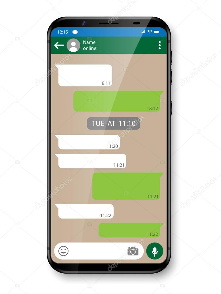 Black realistic Smartphone chatting or messaging app. Social network concept. Mobile phone with Messenger window. Vector illustration