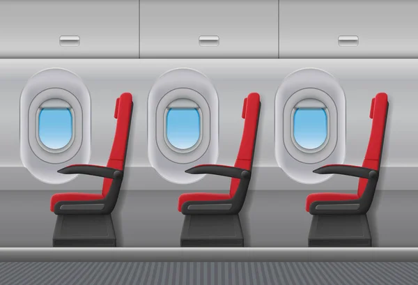 Passagierflugzeug roter Vektorinnenraum. Flugzeugkabine mit Bullaugen und Stühlen. Vektorillustration. — Stockvektor