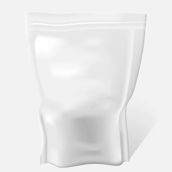 Beyaz boş yemek çanta paketi. Vektör çizim çantası Isolated ambalaj. Folyo yiyecek veya içecek Doy paketi şablonu. Gerçekçi 3d plastik doy paketi kese şablonu. — Stok Vektör