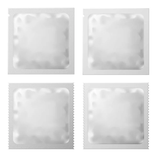 Preservativo bianco realistico modello vuoto Packaging. Set di preservativo o stagnola salviette umidificate Sacchetto Medicina pacchetto. Illustrazione vettoriale del preservativo o della bustina . — Vettoriale Stock