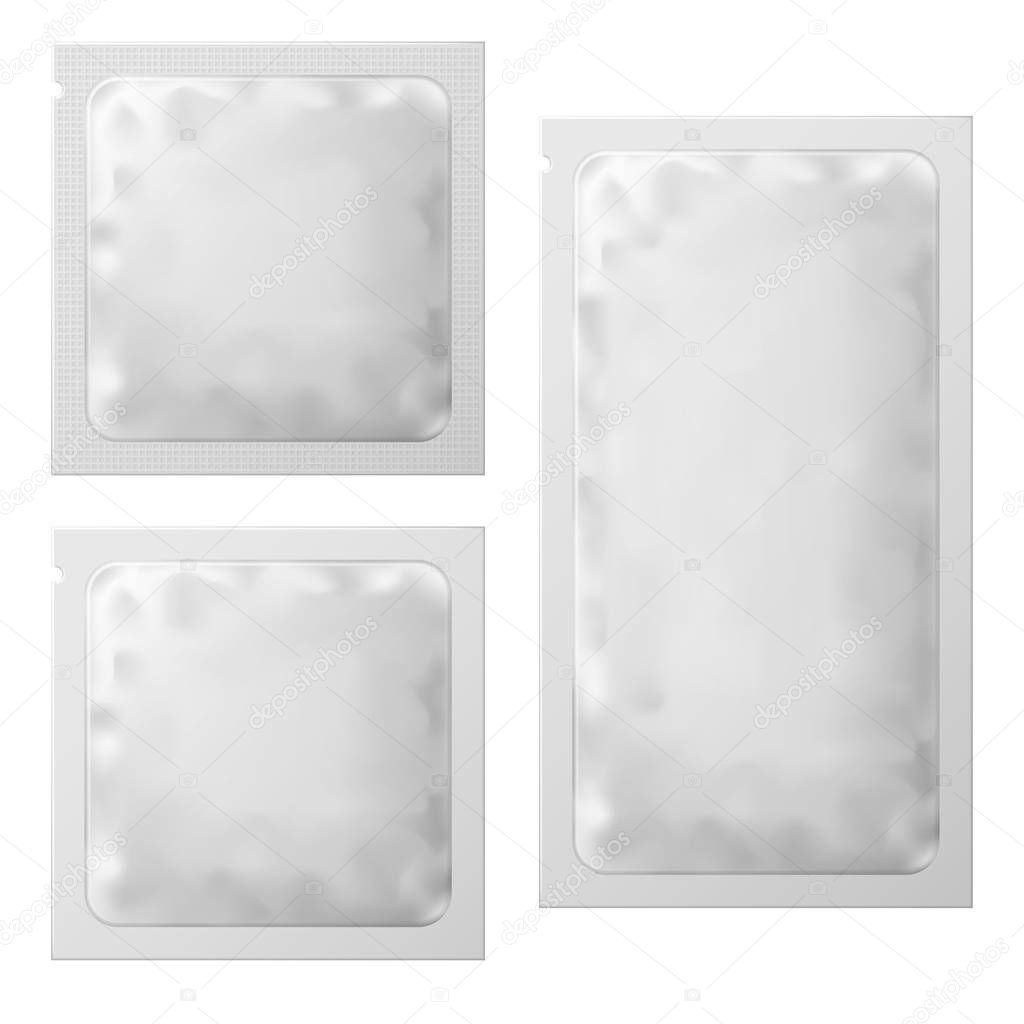 Realistic White Blank sachet template Packaging. Condom Or Foil wet wipes Pouch Medicine packet. Vector illustration. White blank sachet packaging food