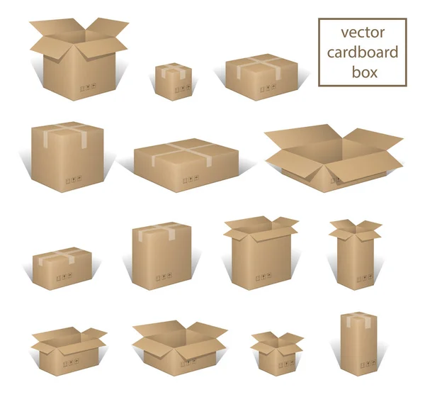 Karton Lieferung Verpackung offen und geschlossen Box, mit fragilen Zeichen gesetzt. Sammlung brauner Schachteln, Pappbehälter isoliert auf weiß. Vektorillustration — Stockvektor