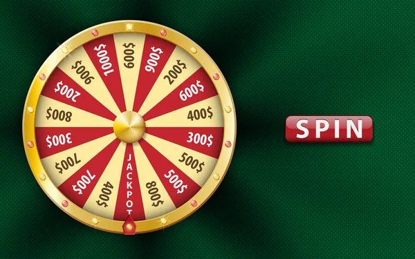 Zlaté realistické 3d štěstí kolo, šťastný hry spin, luxusní ruleta na zeleném pozadí. Kasino pozadí pro jackpot, online hra, peníze, loterie štěstí. kola štěstí vektorové ilustrace — Stockový vektor