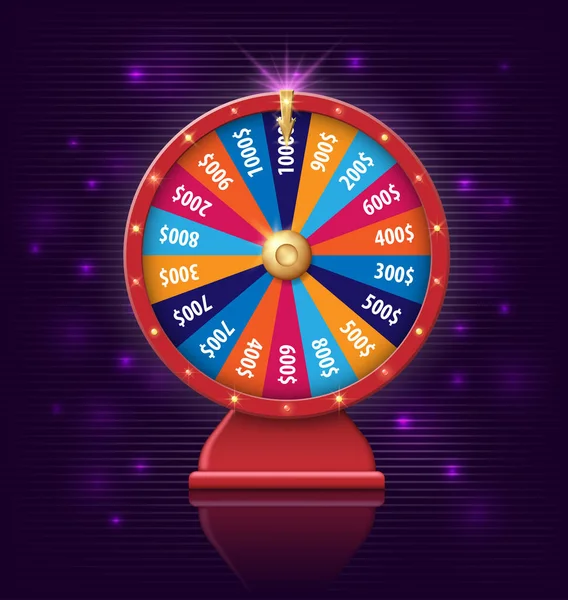 オンラインカジノ、ポーカー、ルーレット、スロット マシン、カードゲームのための白熱ランプと運命の輪。暗い紫色の背景に分離されたフォーチュン オブジェクトの現実的な 3 d ホイール — ストックベクタ