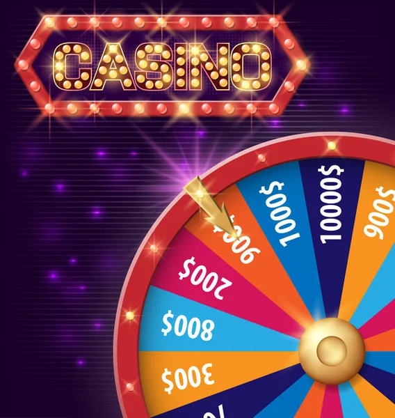 Spinnewiel fortuin, Internet casino banner met gloeiende lampen voor online casino, poker, roulette, gokkasten, kaartspelen. Vectorillustratie, glanzende achtergrond — Stockvector