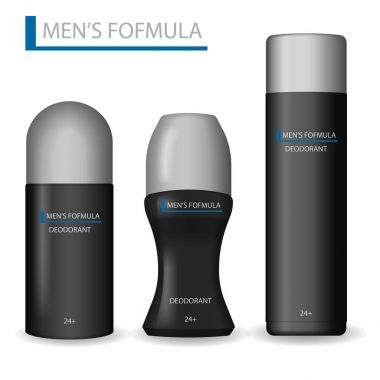 Erkekler için vücut bakım ürünleri. Gerçekçi siyah kozmetik ayarla şişe, sprey Deodorant ve antiperspirant Roll-on. Erkekler formül Deodorant ve terlemeyi önleyici. Vektör çizim.